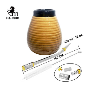 1 PC/Lot Yerba Mate Gourds Emboss Stripe Ceramic Calabash Cups With Bombilla Filter Straw And Cleaning Brush acacuss