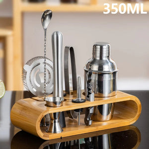 10Pcs Cocktail Shaker Set Bartender Kit Jigger Mixer Muddler Pourer Spoon Stainless Steel Cocktail Mixer Shaker With Bamboo Rack acacuss