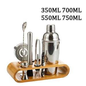 10Pcs Cocktail Shaker Set Bartender Kit Jigger Mixer Muddler Pourer Spoon Stainless Steel Cocktail Mixer Shaker With Bamboo Rack acacuss