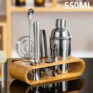 10Pcs Cocktail Shaker Set Bartender Kit Jigger Mixer Muddler Pourer Spoon Stainless Steel Cocktail Mixer Shaker With Bamboo Rack acacuss