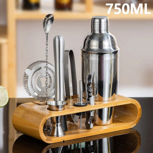 10Pcs Cocktail Shaker Set Bartender Kit Jigger Mixer Muddler Pourer Spoon Stainless Steel Cocktail Mixer Shaker With Bamboo Rack acacuss