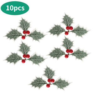 10Pcs Mini Simulation Christmas Pine Picks Stems Artificial Pine Needle Berry Plant for Xmas Party Home Decor Hanging Pendant acacuss