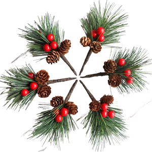 10Pcs Mini Simulation Christmas Pine Picks Stems Artificial Pine Needle Berry Plant for Xmas Party Home Decor Hanging Pendant acacuss