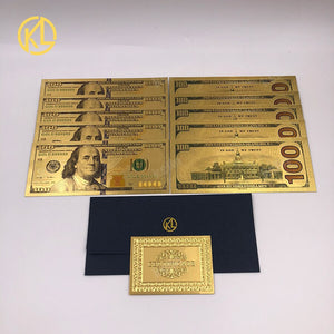 10pcs/lot USA 100 Dollar Gold Foiled Platsic Banknote Bill United States OF America with Envelope for gifts acacuss