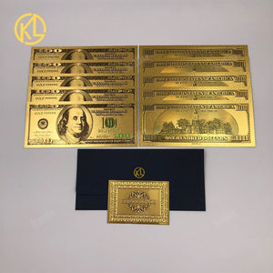10pcs/lot USA 100 Dollar Gold Foiled Platsic Banknote Bill United States OF America with Envelope for gifts acacuss