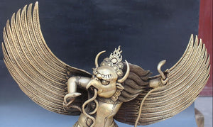 11" Tibet Buddhism Bronze Stand Redpoll Winged Garuda Bird Eagle Buddha Statue acacuss