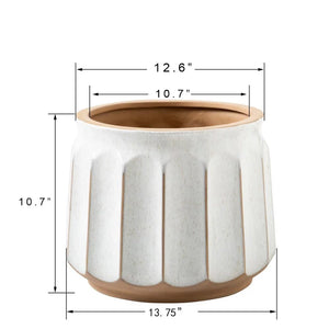 14" x 14" x 11" Round White and Brown Ceramic Striped Seasons Gloworm Plant Planter with Drainage Hole acacuss