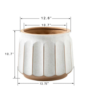 14" x 14" x 11" Round White and Brown Ceramic Striped Seasons Gloworm Plant Planter with Drainage Hole acacuss