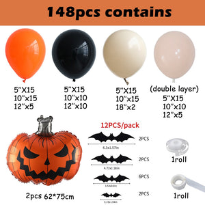 148pcs Halloween Large Pumpkin Balloon Garland Black Orange Sand White Balloons 3D Bat Stickers for Halloween Party Decorations acacuss