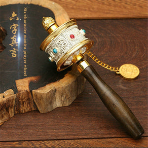 18CM Buddhism Tibetan Classic Portable Fine Copper Prayer Wheel Mini Amitabha Buddha Bless Wheel Brass Hand-hold Wheel acacuss