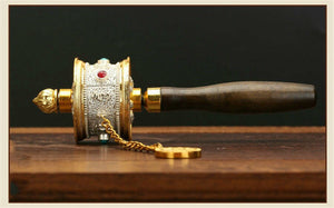 18CM Buddhism Tibetan Classic Portable Fine Copper Prayer Wheel Mini Amitabha Buddha Bless Wheel Brass Hand-hold Wheel acacuss