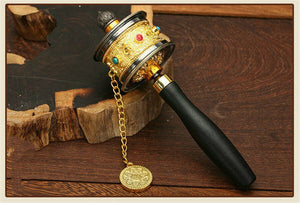 18CM Buddhism Tibetan Classic Portable Fine Copper Prayer Wheel Mini Amitabha Buddha Bless Wheel Brass Hand-hold Wheel acacuss