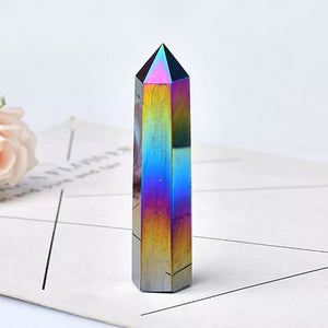 1PC Natural Aura Obsidian Crystal Point Electroplating Wand Healing Stone Energy White Quartz Home Decoration Reiki Tower Gifts acacuss