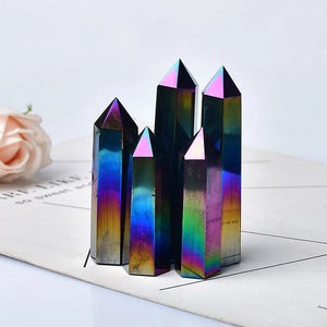 1PC Natural Aura Obsidian Crystal Point Electroplating Wand Healing Stone Energy White Quartz Home Decoration Reiki Tower Gifts acacuss