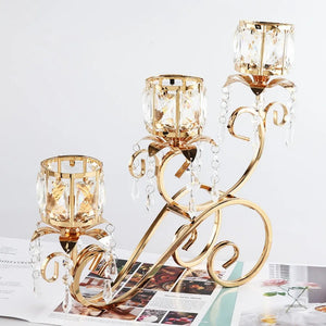 1pc 3 Arms Golden Candelabra Candle Holder Crystal Votive Candle Holder Pillar Candle Holders, Vintage Curtain Candlestick acacuss