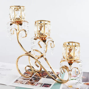1pc 3 Arms Golden Candelabra Candle Holder Crystal Votive Candle Holder Pillar Candle Holders, Vintage Curtain Candlestick acacuss