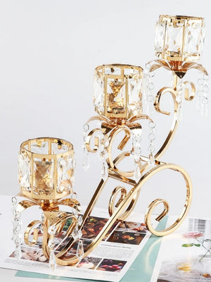 1pc 3 Arms Golden Candelabra Candle Holder Crystal Votive Candle Holder Pillar Candle Holders, Vintage Curtain Candlestick acacuss