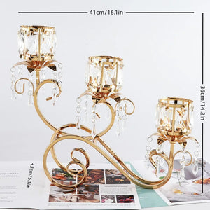 1pc 3 Arms Golden Candelabra Candle Holder Crystal Votive Candle Holder Pillar Candle Holders, Vintage Curtain Candlestick acacuss
