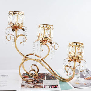 1pc 3 Arms Golden Candelabra Candle Holder Crystal Votive Candle Holder Pillar Candle Holders, Vintage Curtain Candlestick acacuss