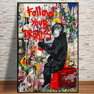 1pc Banksy Art Follow Your Dreams Monkey Posters Graffiti Street Wall Canvas Painting And Prints Animals Pictures acacuss