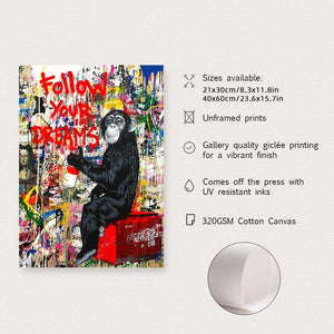 1pc Banksy Art Follow Your Dreams Monkey Posters Graffiti Street Wall Canvas Painting And Prints Animals Pictures acacuss