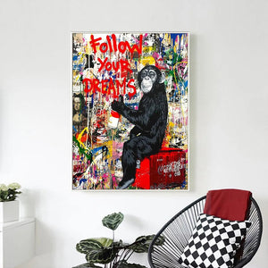 1pc Banksy Art Follow Your Dreams Monkey Posters Graffiti Street Wall Canvas Painting And Prints Animals Pictures acacuss