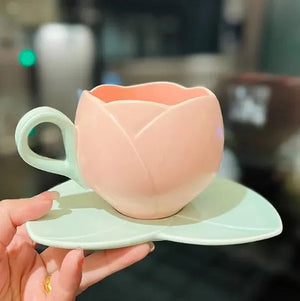 2PCS Cup Saucer Set Flower Shaped Ceramic Coffee Cups Tulip Teacup Saucer Ceramic Drinking Cups Oatmeal For Breakfast Tea Praty acacuss