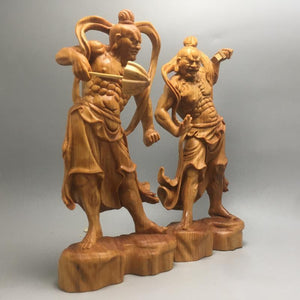 2pcs 20cm Chinese Heng Ha Two God Boxwood Feng Shui Wood Sculpture Door God Wood Buddha Statue Home Decor acacuss