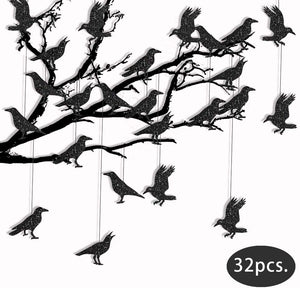 32Pcs Paper Glitter Black Crow Bird Garlands for Halloween Themed Party Decoration Flying Hanging Halloween Tree Crow Banners acacuss