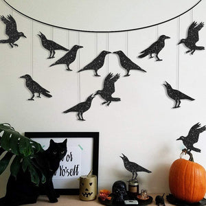 32Pcs Paper Glitter Black Crow Bird Garlands for Halloween Themed Party Decoration Flying Hanging Halloween Tree Crow Banners acacuss