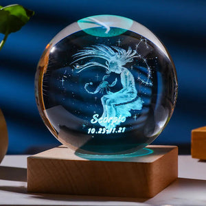 3D Constellation Crystal Ball Night Light Laser Engraved Birthday Gift Glass Sphere Home Desktop Decoration with Wooden USB Base acacuss