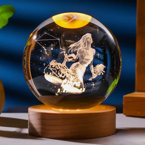3D Constellation Crystal Ball Night Light Laser Engraved Birthday Gift Glass Sphere Home Desktop Decoration with Wooden USB Base acacuss