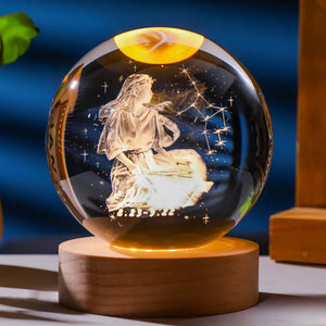 3D Constellation Crystal Ball Night Light Laser Engraved Birthday Gift Glass Sphere Home Desktop Decoration with Wooden USB Base acacuss