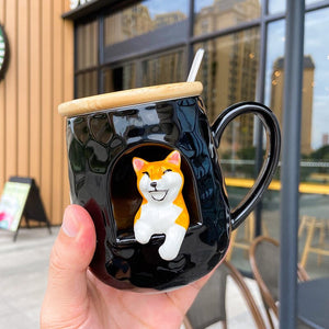 3D relief ceramic Mug with lid spoon personality coffee Mugs spoon animal firewood dog cup teacup acacuss