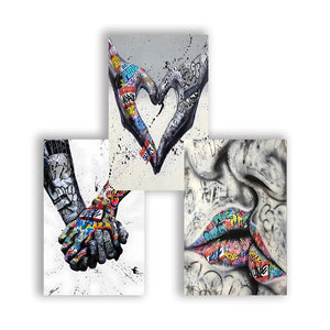 3PCS Modern Love Hand in Hand Kiss to Kiss Poster Graffiti Banksy Street Wall Art Canvas Painting Prints Pictures Room Decor acacuss