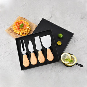 4-piece Stainless Steel Cheese Knife And Fork Set Wooden Handle Cheese Pizza Baking Tool Kitchen Supplies acacuss