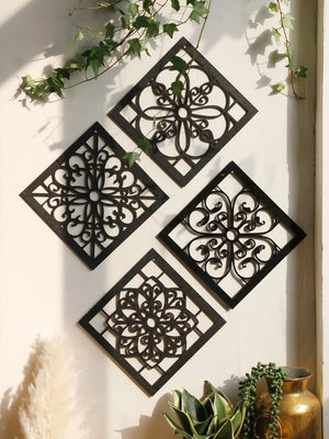 4Pcs Black Wooden Hollow Wall Decor Carve Designs Boho Home Decoration Hexagon Square Hanging Wall Decor Room Decors Aesthetict acacuss