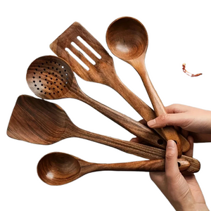 5PCS Thailand Teak Cooking Spoon Natural Wooden Kitchen Tableware Tool Ladle Turner Rice Colander Soup Skimmer Scoop Utensils acacuss