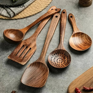 5PCS Thailand Teak Cooking Spoon Natural Wooden Kitchen Tableware Tool Ladle Turner Rice Colander Soup Skimmer Scoop Utensils acacuss