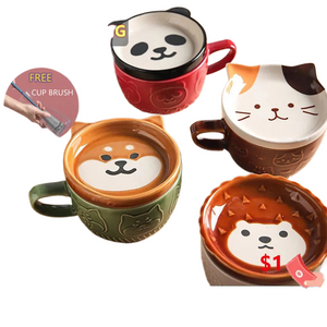 Ceramics Cute Cat Cup Shiba Inu Coffee Cups Mug with Lid Personality Gift Household Cartoon Kawaii Kids Breakfast Oat Milk Mugs acacuss