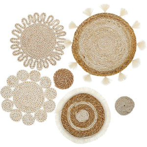 6Pcs Hanging Woven Plate Wall Decoration Boho Straw Rattan Round Basket Decorations Tassels Flower Tray Art for Home Bedroom acacuss