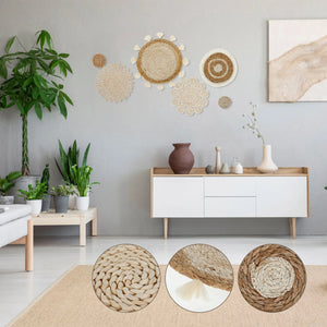 6Pcs Hanging Woven Plate Wall Decoration Boho Straw Rattan Round Basket Decorations Tassels Flower Tray Art for Home Bedroom acacuss
