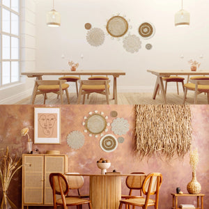 6Pcs Hanging Woven Plate Wall Decoration Boho Straw Rattan Round Basket Decorations Tassels Flower Tray Art for Home Bedroom acacuss