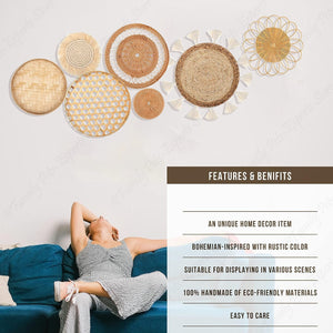 7Pcs Boho Rattan Wall Decor Hanging Woven Baskets Decor Bohemian Home Decor Handmade Wicker Wall Decor for Bedroom Farmhouse acacuss