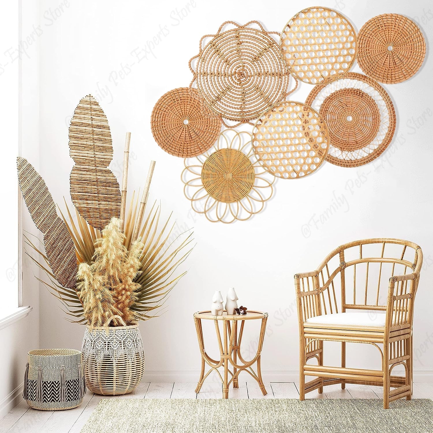 7Pcs Boho Rattan Wall Decor Hanging Woven Baskets Decor Bohemian Home ...