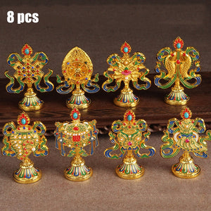 8 Pcs Painted Tibetan Engraved Eight Treasures Auspicious Statue Tantric Alloy Handicraft Buddhism Home Gift Desktop Decorative acacuss