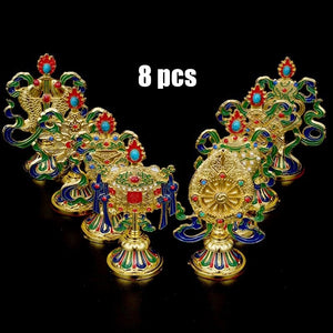 8 Pcs Painted Tibetan Engraved Eight Treasures Auspicious Statue Tantric Alloy Handicraft Buddhism Home Gift Desktop Decorative acacuss