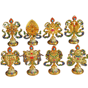 8 Pcs Painted Tibetan Engraved Eight Treasures Auspicious Statue Tantric Alloy Handicraft Buddhism Home Gift Desktop Decorative acacuss