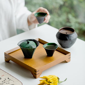80ml Retro Snow Point Pine Green Ceramic Tea Tureen Creative Stripe Ercai Tea Bowl With Cover Tea Maker Gaiwan Kung Fu Tea Set acacuss