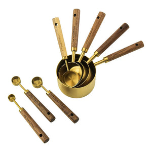 8PCS, Measuring Cups And Spoons, Golden Stainless Steel Measuring Cups With Wooden Handles acacuss